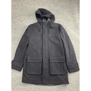 Topman Coat Mens Large Black Hooded Wool Blend Parka Quilted Lined Jacket Zip